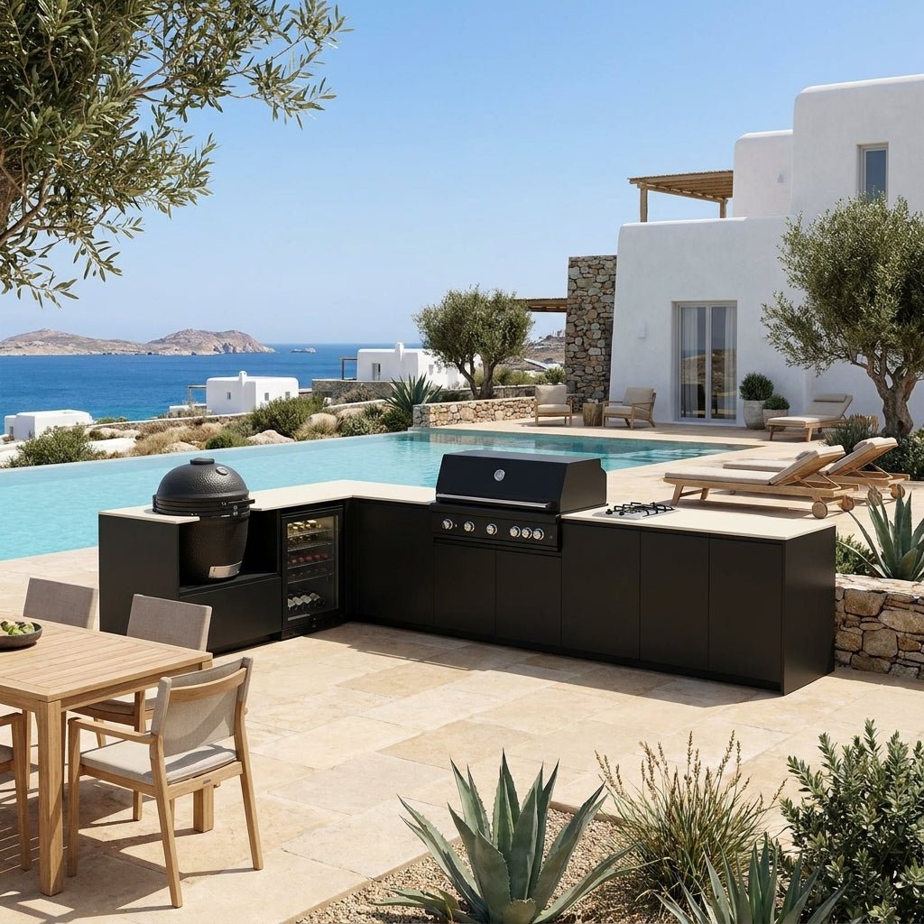 Fontana Ignes Outdoor Kitchen – 5 Burner Grill, Kamado, Hob, Fridge, and Storage in White Boulevard