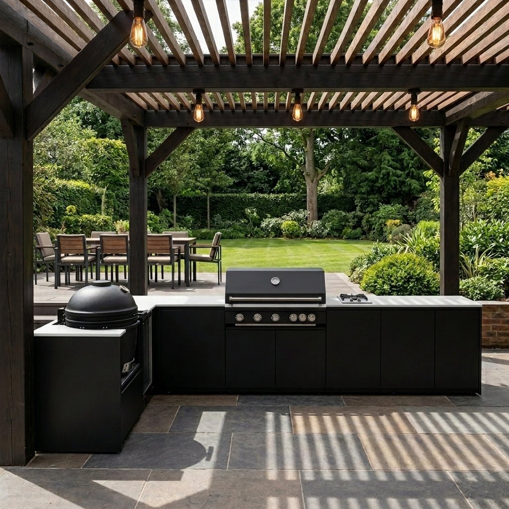 Fontana Ignes Outdoor Kitchen – 5 Burner Grill, Kamado, Hob, Fridge, and Storage in White Boulevard