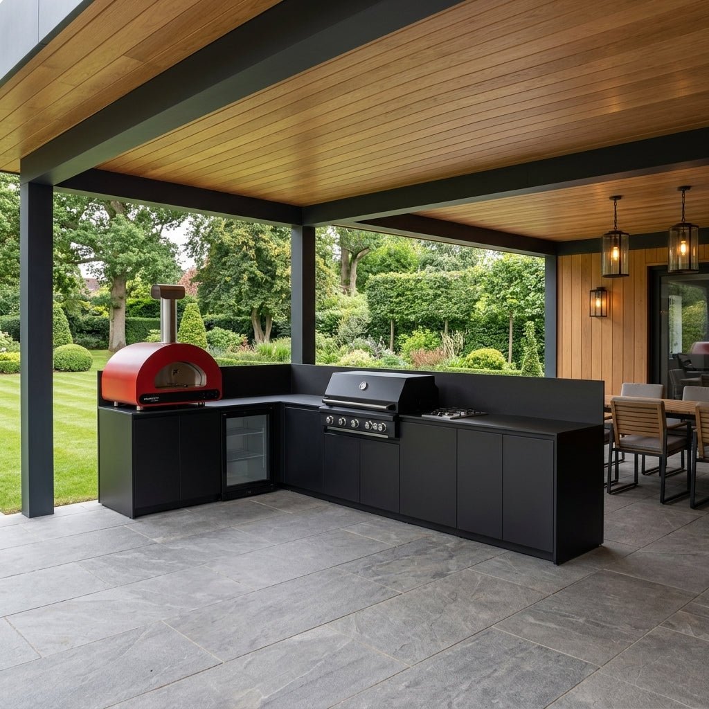 Fontana Ignes Outdoor Kitchen – 5 Burner Grill, Volta 70 Pizza Oven, Hob, Fridge, and Storage in Noir Avenue