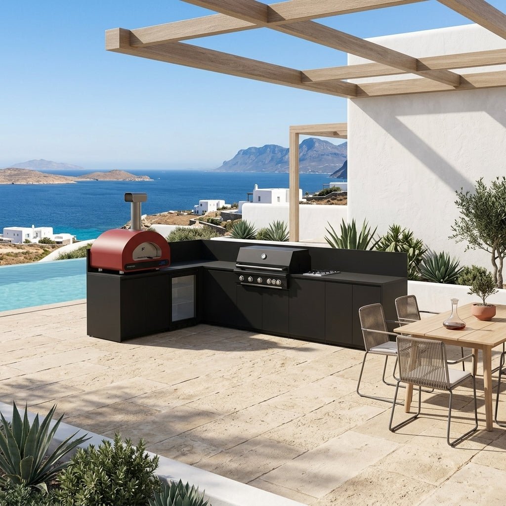 Fontana Ignes Outdoor Kitchen – 5 Burner Grill, Volta 70 Pizza Oven, Hob, Fridge, and Storage in White Boulevard