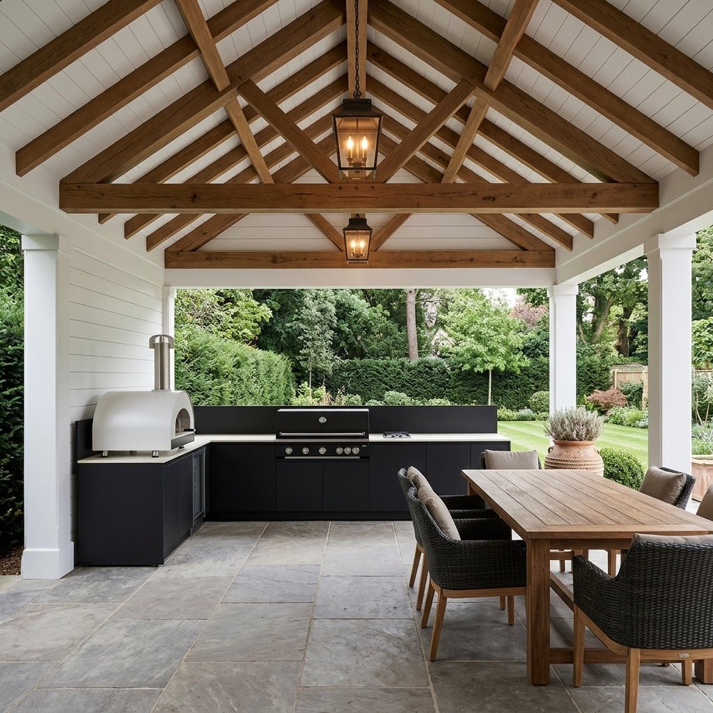 Fontana Ignes Outdoor Kitchen – 5 Burner Grill, Volta 70 Pizza Oven, Hob, Fridge, and Storage in White Boulevard