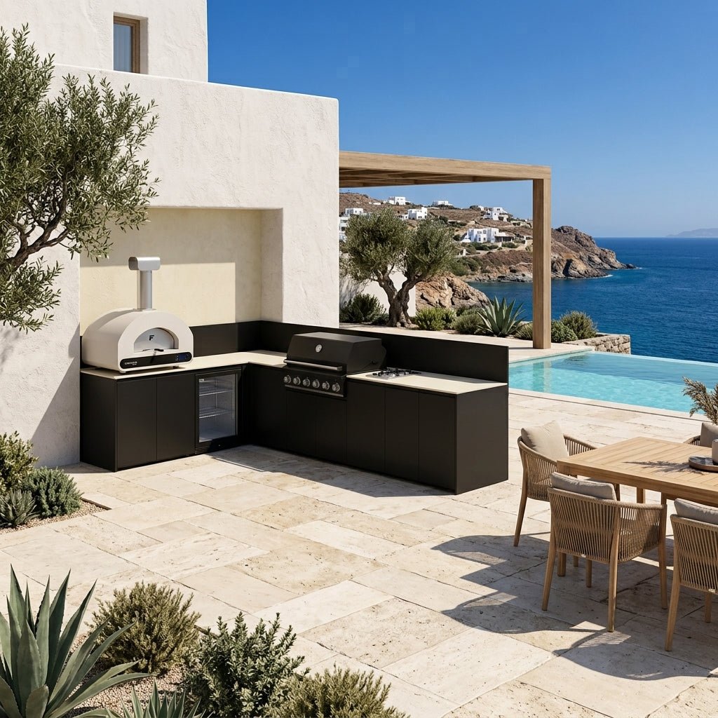 Fontana Ignes Outdoor Kitchen – 5 Burner Grill, Volta 70 Pizza Oven, Hob, Fridge, and Storage in White Boulevard