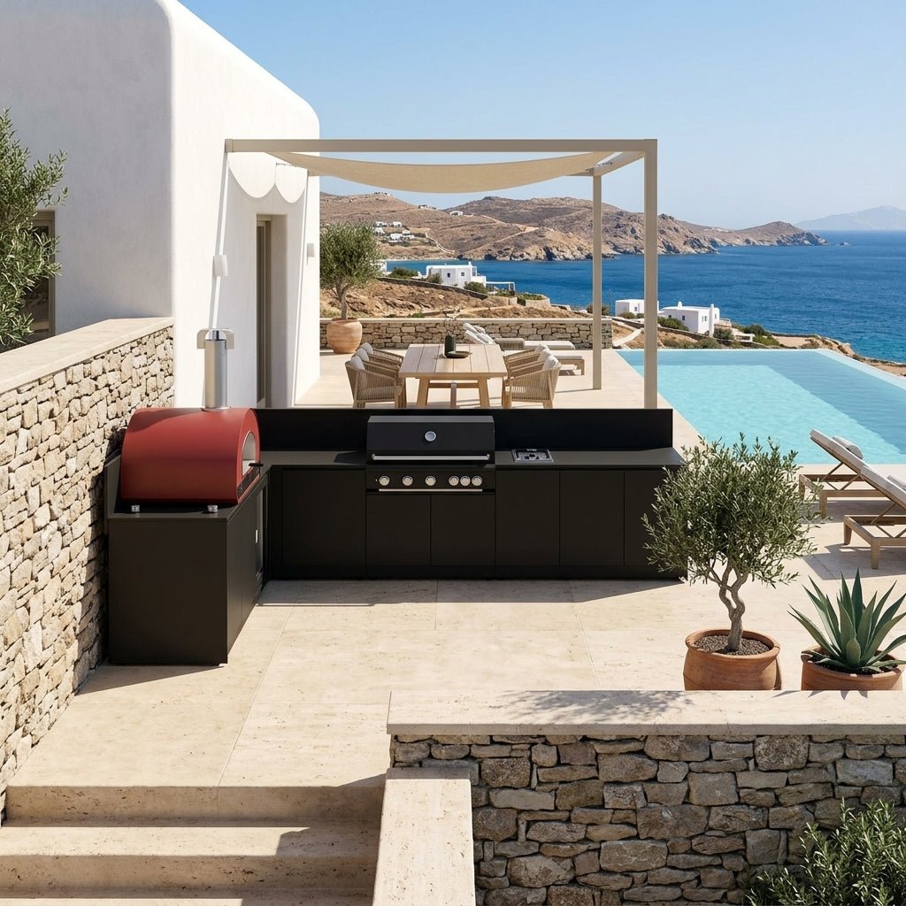 Fontana Ignes Outdoor Kitchen – 5 Burner Grill, Volta 70 Pizza Oven, Hob, Fridge, and Storage in White Boulevard