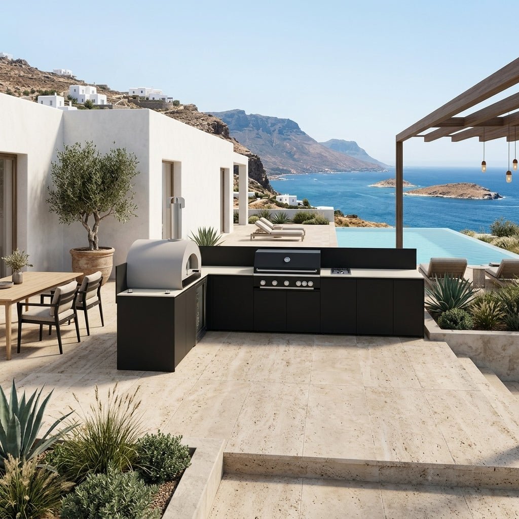 Fontana Ignes Outdoor Kitchen – 5 Burner Grill, Volta 70 Pizza Oven, Hob, Fridge, and Storage in White Boulevard