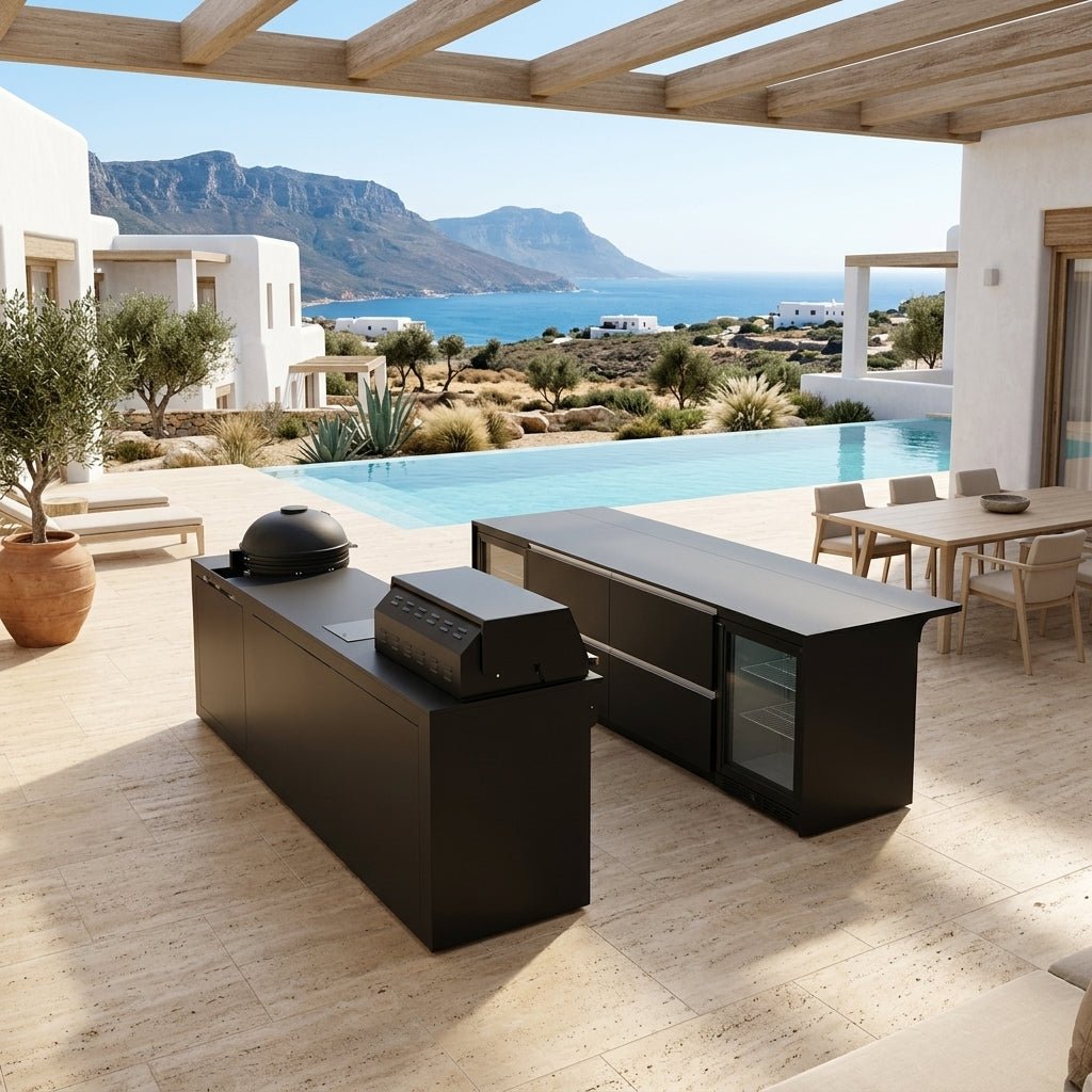 Fontana Ignes Outdoor Kitchen and Bar – 4 Burner Grill, Kamado, Hob, Storage, and Refrigeration in Noir Avenue