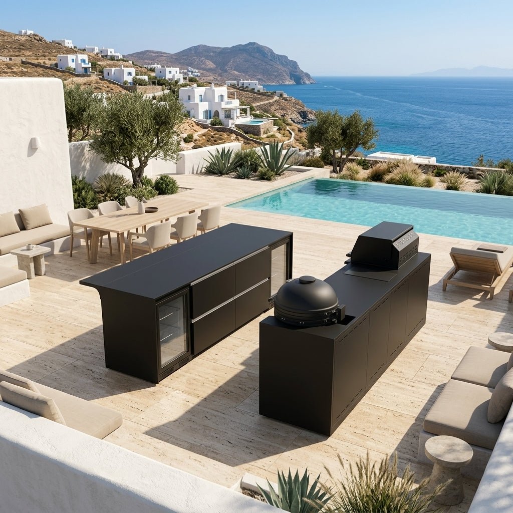 Fontana Ignes Outdoor Kitchen and Bar – 4 Burner Grill, Kamado, Hob, Storage, and Refrigeration in Noir Avenue