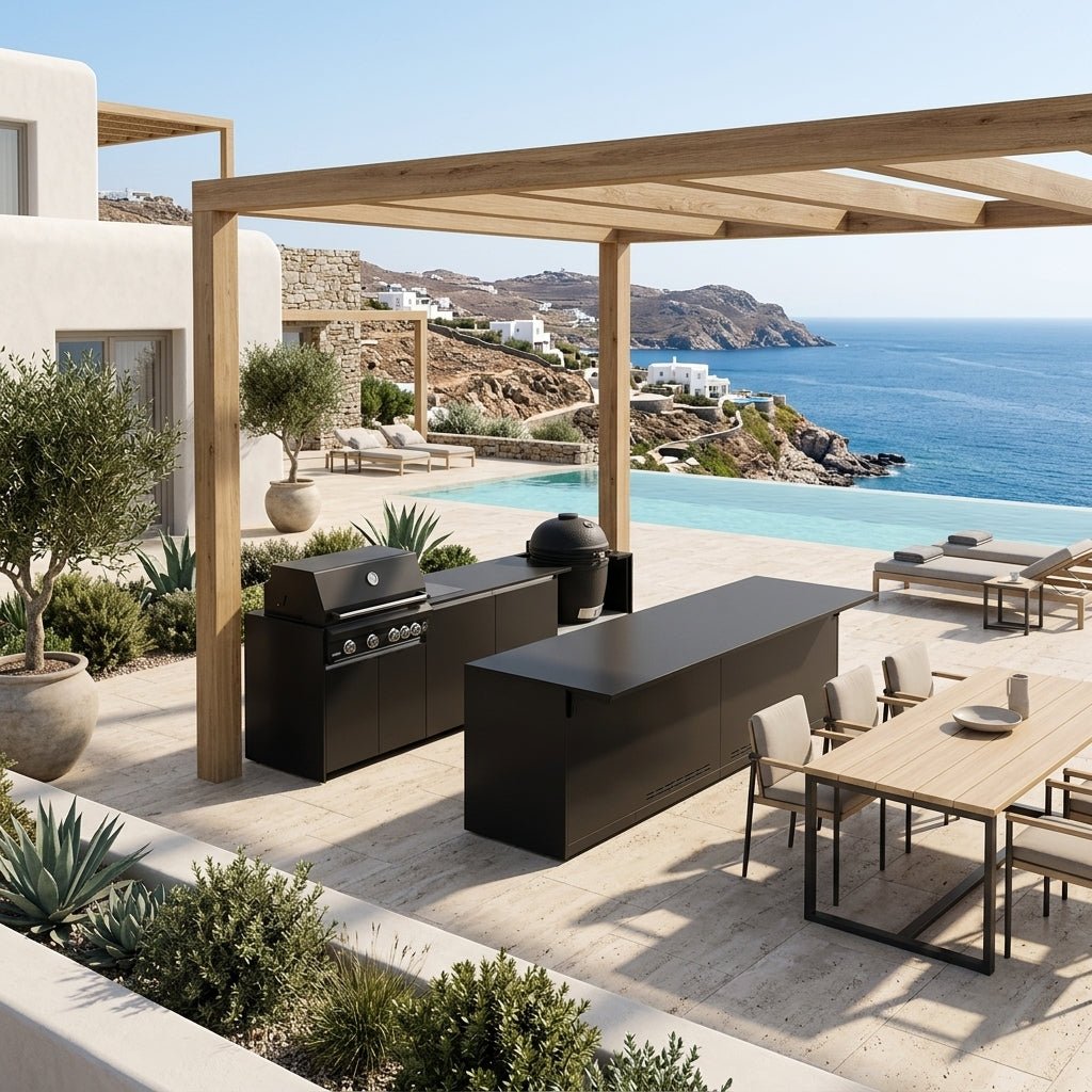 Fontana Ignes Outdoor Kitchen and Bar – 4 Burner Grill, Kamado, Hob, Storage, and Refrigeration in Noir Avenue