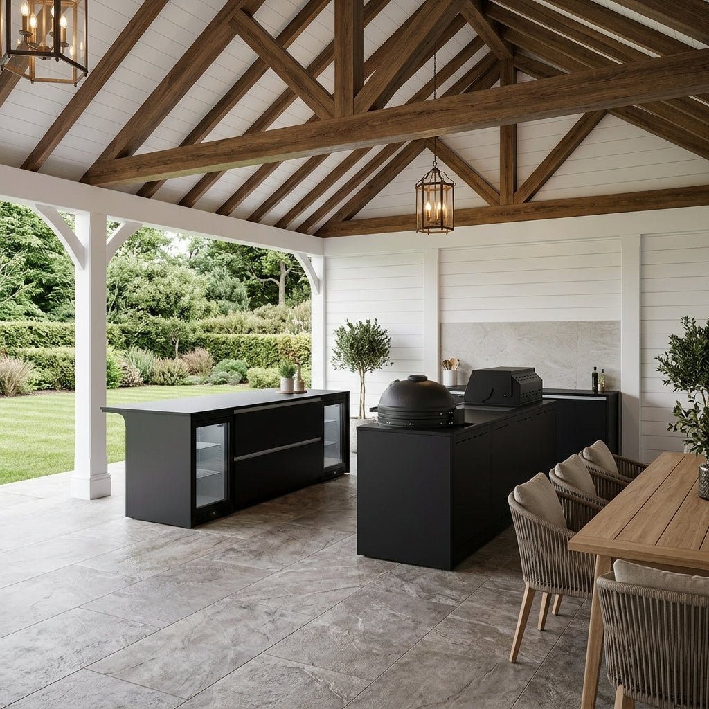 Fontana Ignes Outdoor Kitchen and Bar – 4 Burner Grill, Kamado, Hob, Storage, and Refrigeration in Noir Avenue