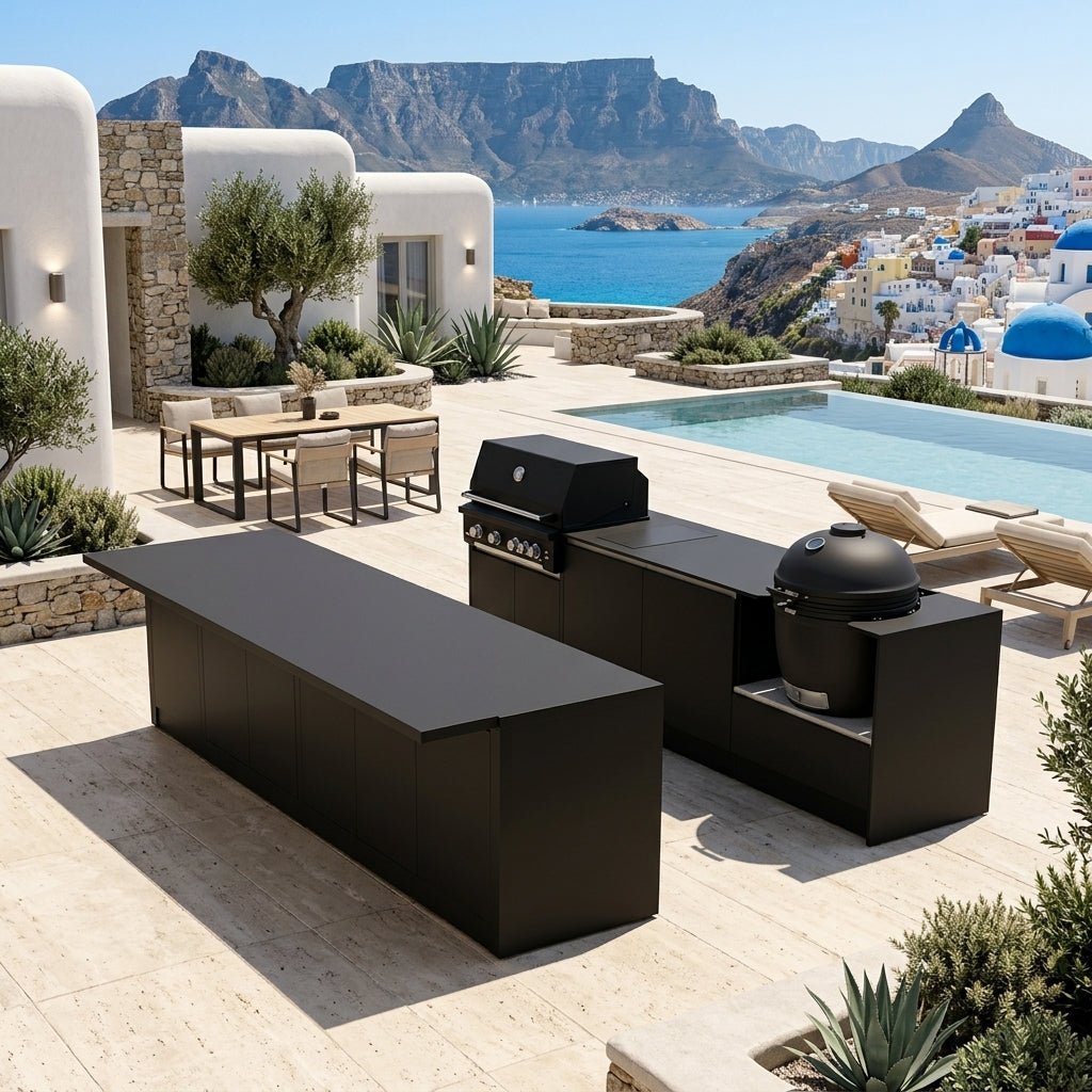 Fontana Ignes Outdoor Kitchen and Bar – 4 Burner Grill, Kamado, Hob, Storage, and Refrigeration in Noir Avenue