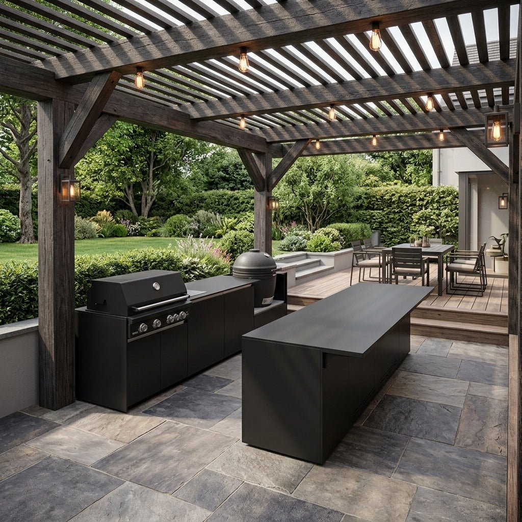 Fontana Ignes Outdoor Kitchen and Bar – 4 Burner Grill, Kamado, Hob, Storage, and Refrigeration in Noir Avenue