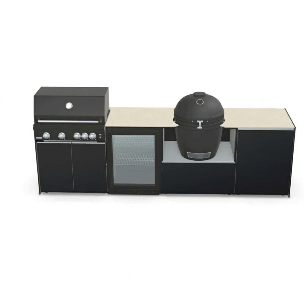 Fontana Ignes Outdoor Modular Kitchen – 4 Burner Gas BBQ, Fridge, 24″ Kamado, and Double-Door Mid Storage in Noir Avenue