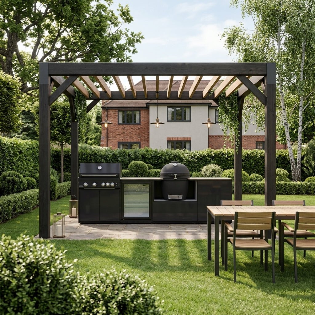 Fontana Ignes Outdoor Modular Kitchen – 4 Burner Gas BBQ, Fridge, 24″ Kamado, and Double-Door Mid Storage in Noir Avenue