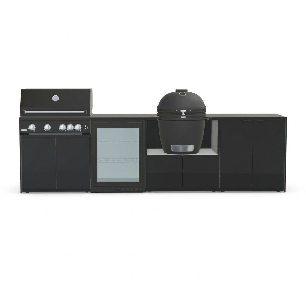 Fontana Ignes Outdoor Modular Kitchen – 4 Burner Gas BBQ, Fridge, 24″ Kamado, and Double-Door Mid Storage in Noir Avenue