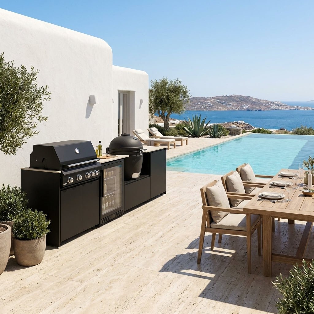 Fontana Ignes Outdoor Modular Kitchen – 4 Burner Gas BBQ, Fridge, 24″ Kamado, and Double-Door Mid Storage in White Boulevard