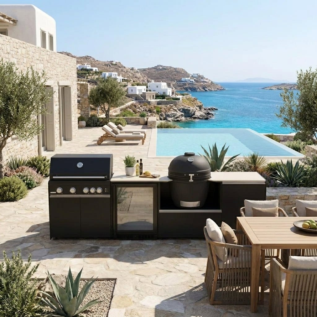 Fontana Ignes Outdoor Modular Kitchen – 4 Burner Gas BBQ, Fridge, 24″ Kamado, and Double-Door Mid Storage in White Boulevard
