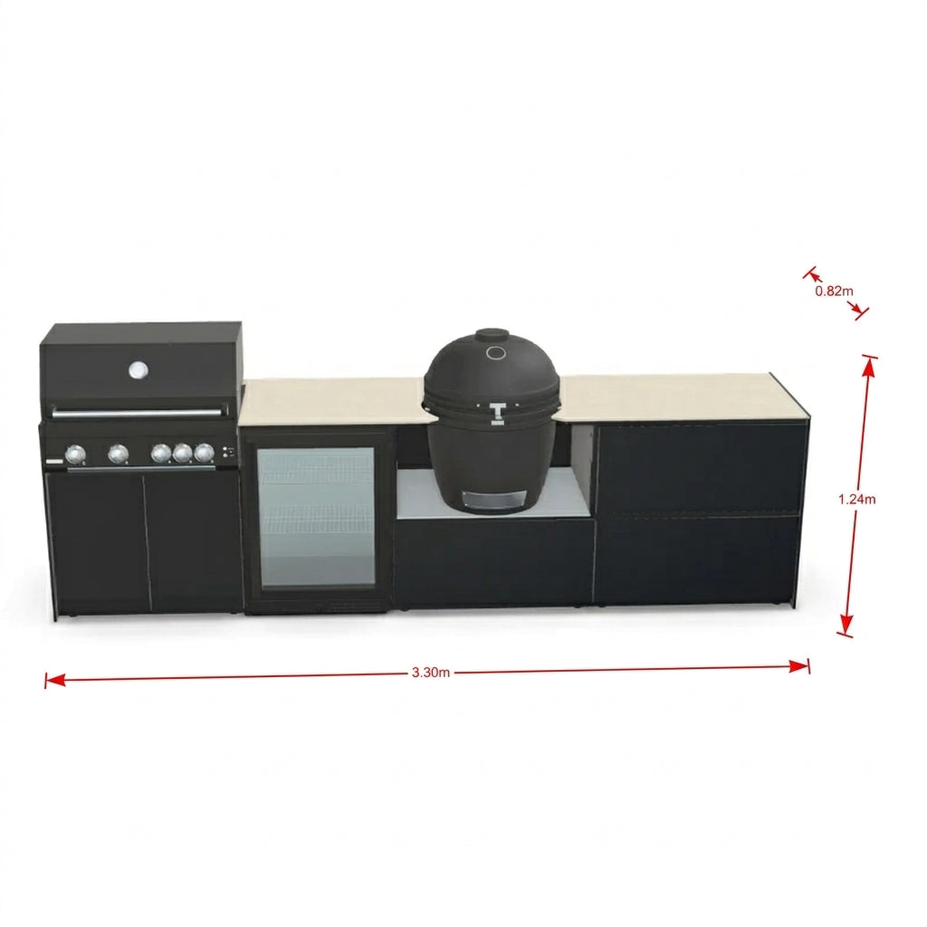 Fontana Ignes Outdoor Modular Kitchen – 4 Burner Gas BBQ, Fridge, 24″ Kamado, and Double-Drawer Max Storage