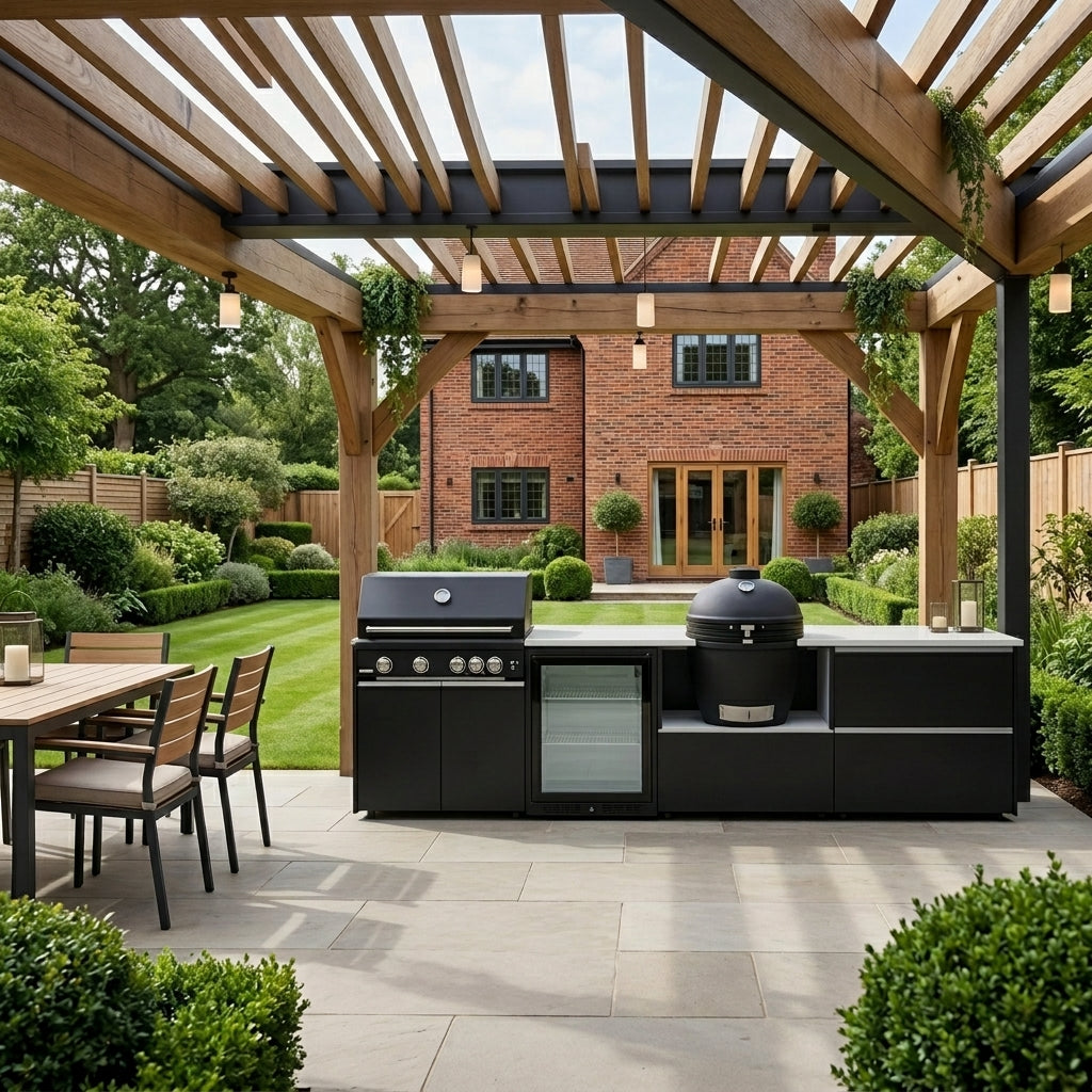 Fontana Ignes Outdoor Modular Kitchen – 4 Burner Gas BBQ, Fridge, 24″ Kamado, and Double-Drawer Max Storage