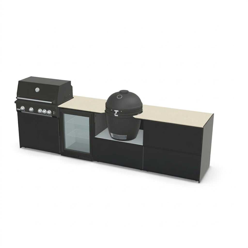 Fontana Ignes Outdoor Modular Kitchen – 4 Burner Gas BBQ, Fridge, 24″ Kamado, and Double-Drawer Max Storage