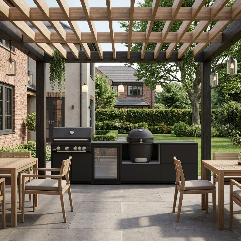 Fontana Ignes Outdoor Modular Kitchen – 4 Burner Gas BBQ, Fridge, 24″ Kamado, and Double-Drawer Max Storage