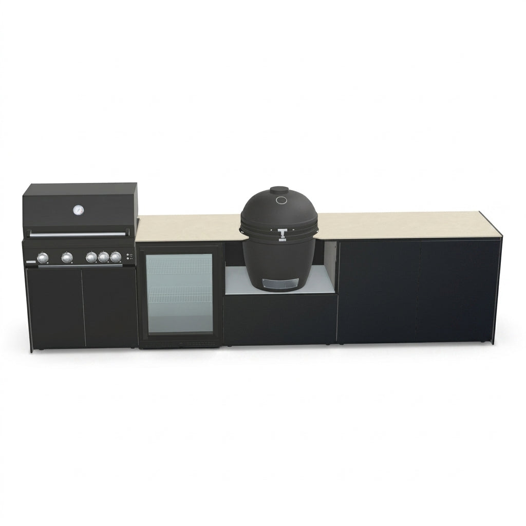 Fontana Ignes Outdoor Modular Kitchen – 4 Burner Gas BBQ, Fridge, 24″ Kamado, and Double-Drawer Max Storage