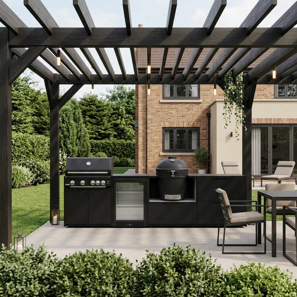 Fontana Ignes Outdoor Modular Kitchen – 4 Burner Gas BBQ, Fridge, 24″ Kamado, and Double-Drawer Max Storage