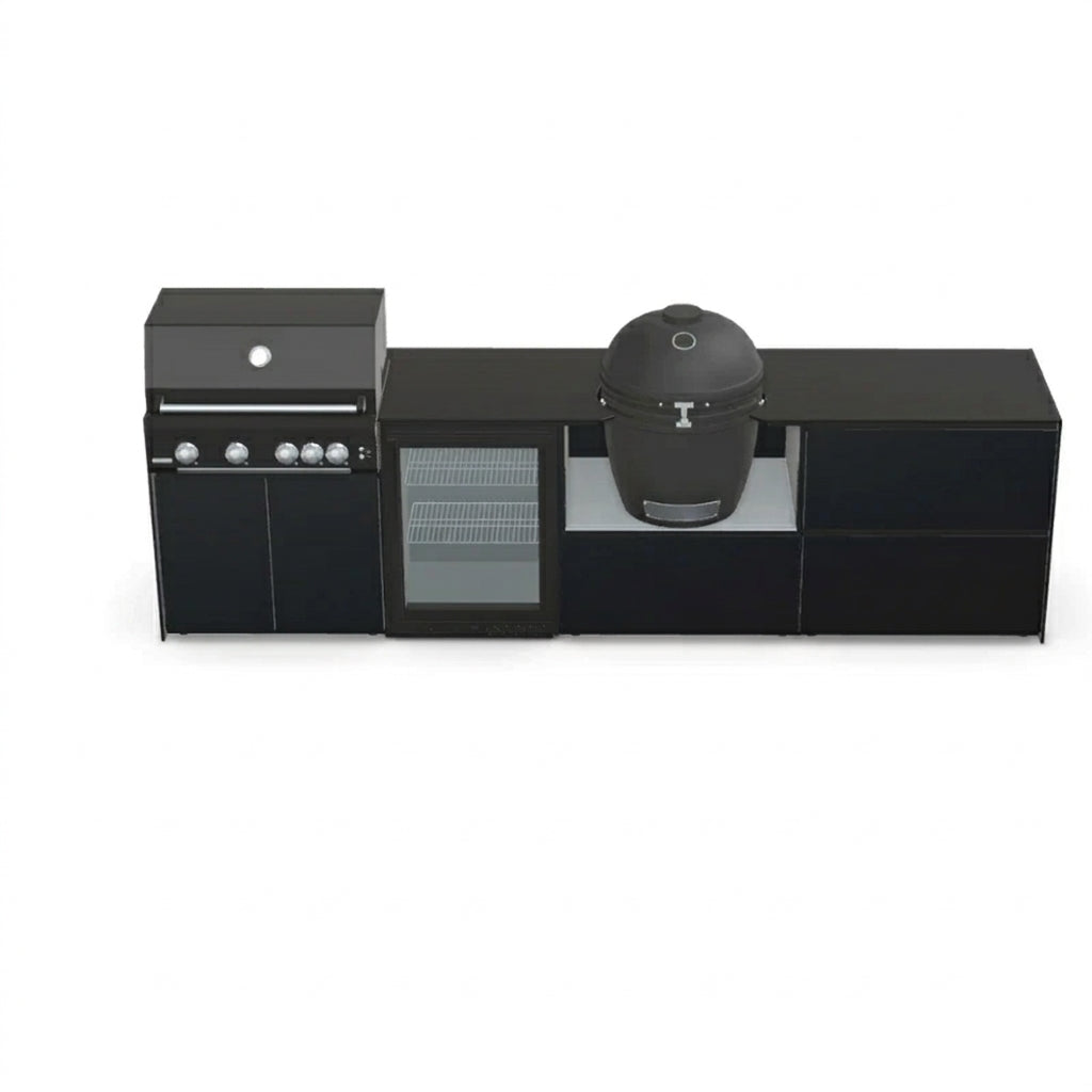 Fontana Ignes Outdoor Modular Kitchen – 4 Burner Gas BBQ, Fridge, 24″ Kamado, and Double-Drawer Max Storage