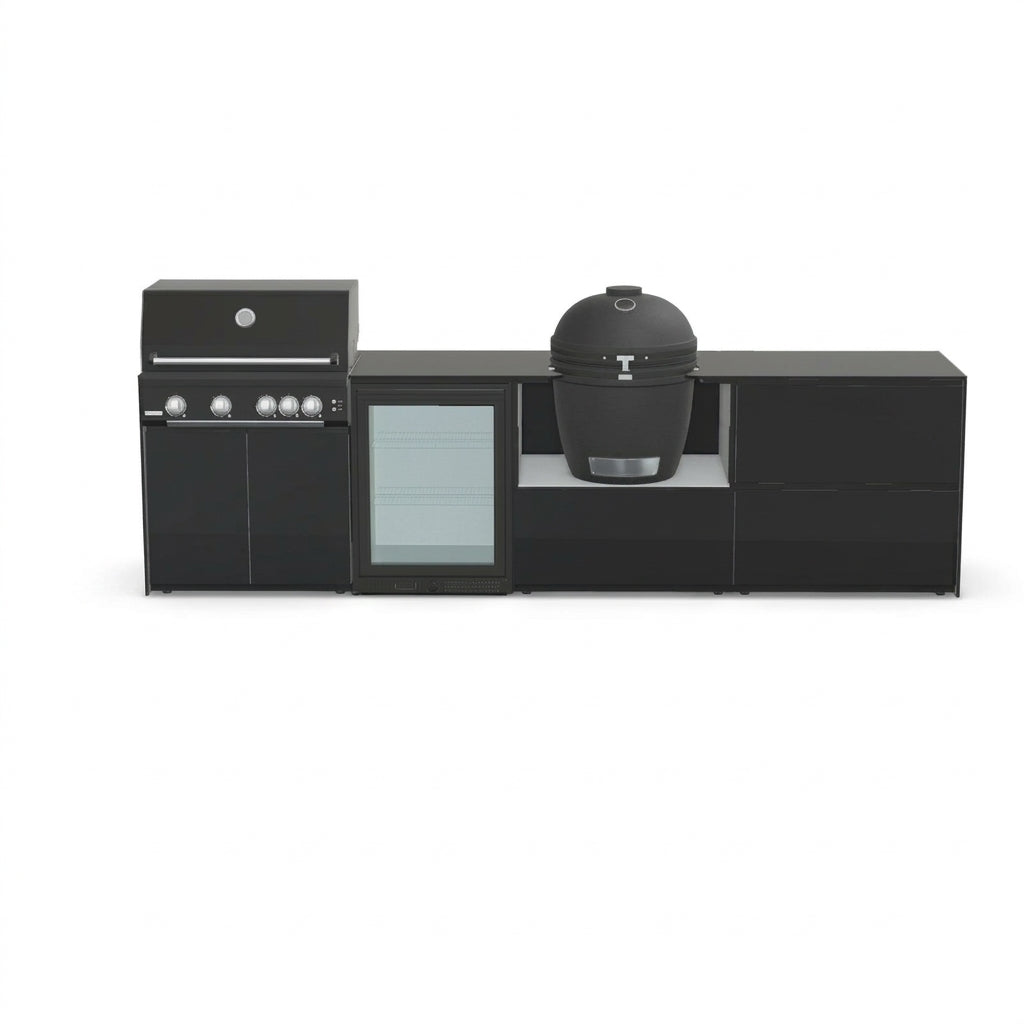 Fontana Ignes Outdoor Modular Kitchen – 4 Burner Gas BBQ, Fridge, 24″ Kamado, and Double-Drawer Max Storage