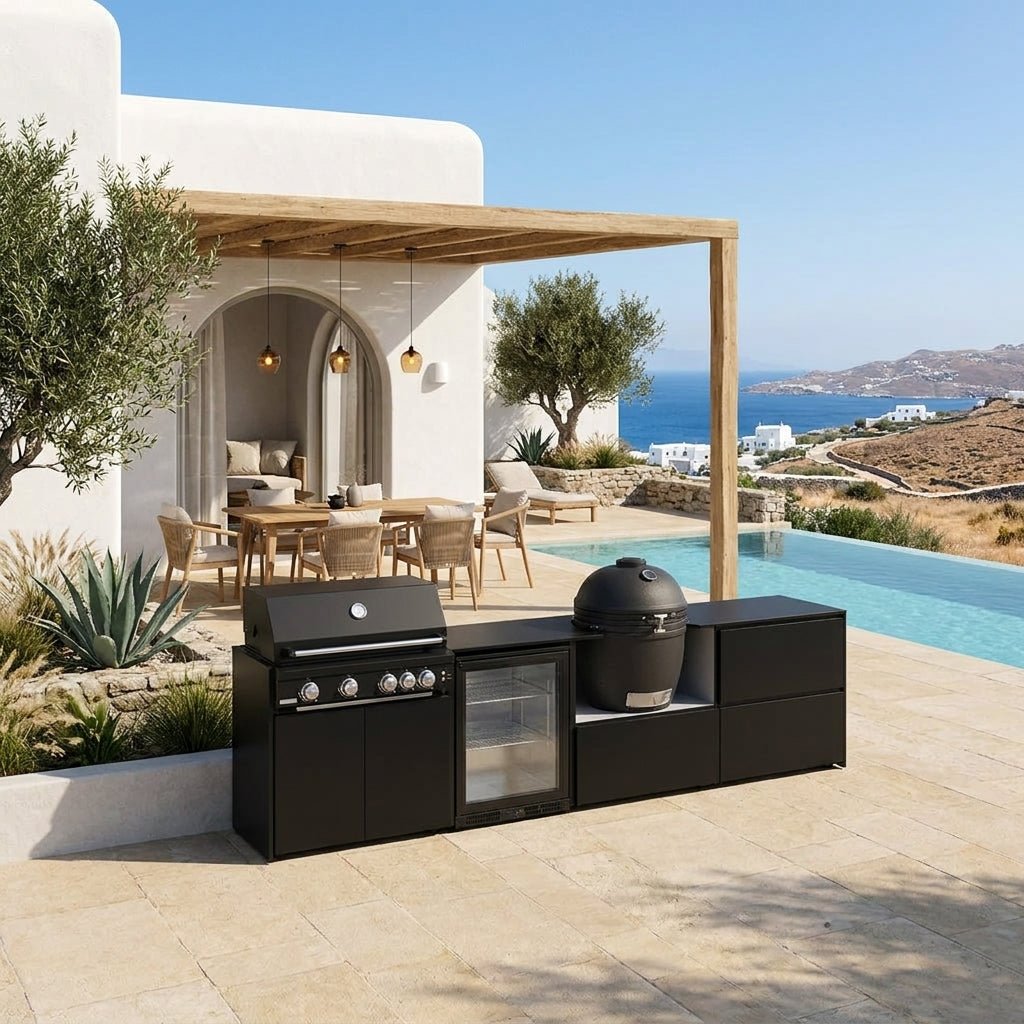 Fontana Ignes Outdoor Modular Kitchen – 4 Burner Gas BBQ, Fridge, 24″ Kamado, and Double-Drawer Max Storage in Noir Avenue