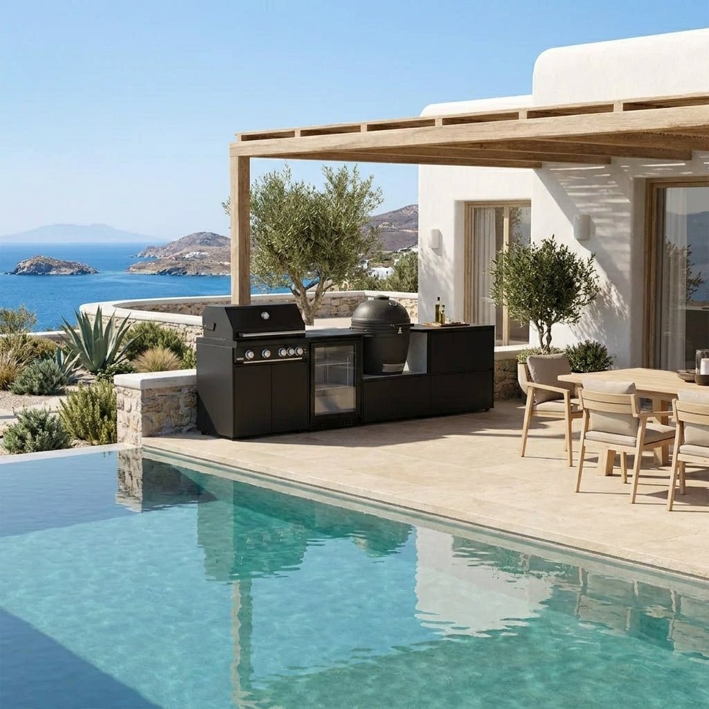 Fontana Ignes Outdoor Modular Kitchen – 4 Burner Gas BBQ, Fridge, 24″ Kamado, and Double-Drawer Max Storage in Noir Avenue