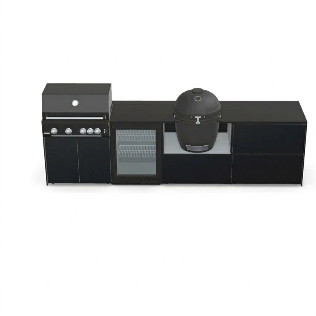 Fontana Ignes Outdoor Modular Kitchen – 4 Burner Gas BBQ, Fridge, 24″ Kamado, and Double-Drawer Max Storage in Noir Avenue