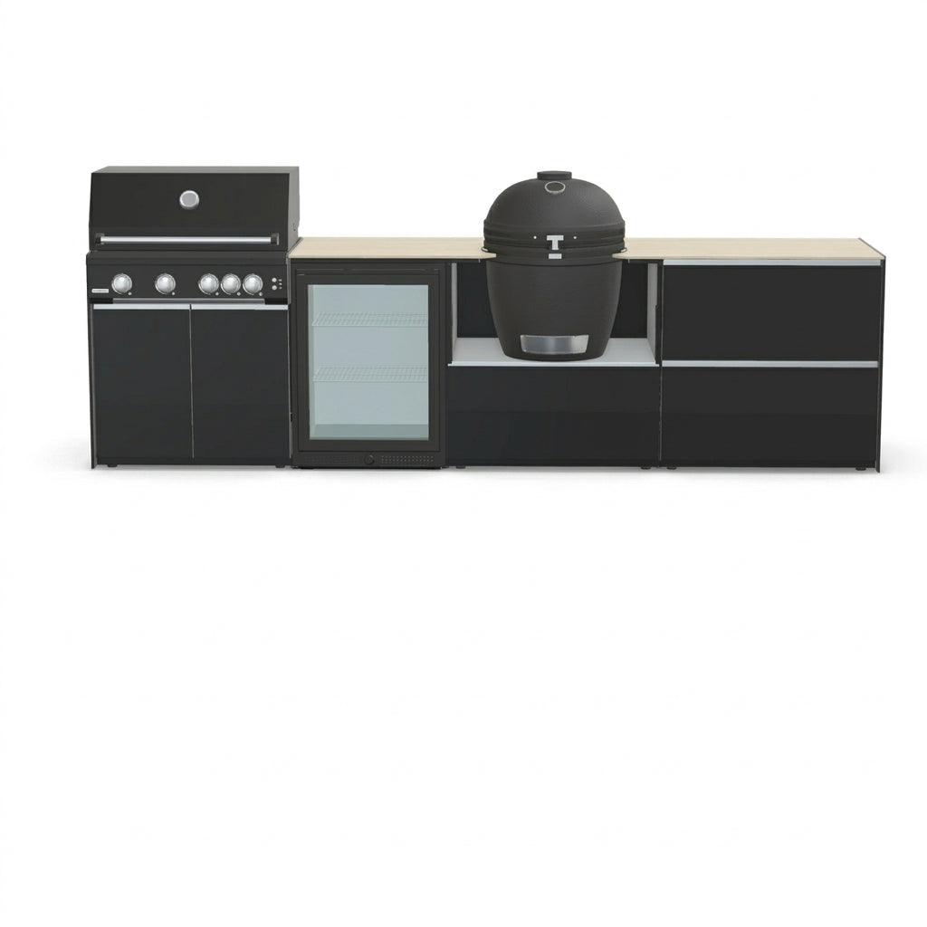 Fontana Ignes Outdoor Modular Kitchen – 4 Burner Gas BBQ, Fridge, 24″ Kamado, and Double-Drawer Max Storage