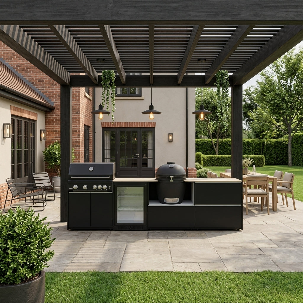 Fontana Ignes Outdoor Modular Kitchen – 4 Burner Gas BBQ, Fridge, 24″ Kamado, and Double-Drawer Max Storage
