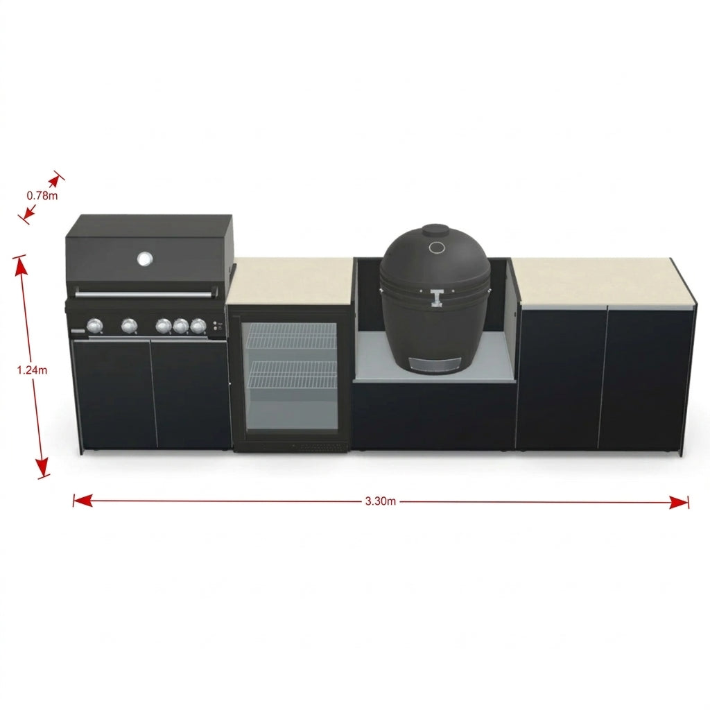 Fontana Ignes Outdoor Modular Kitchen – 4 Burner Gas BBQ, Fridge, 24″ Smart Kamado, and Double-Door Max Storage