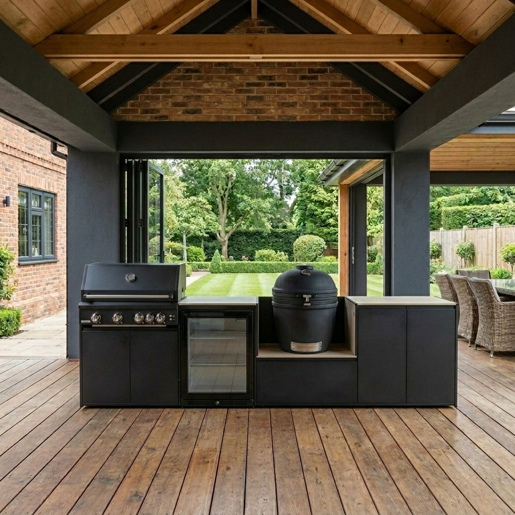Fontana Ignes Outdoor Modular Kitchen – 4 Burner Gas BBQ, Fridge, 24″ Smart Kamado, and Double-Door Max Storage