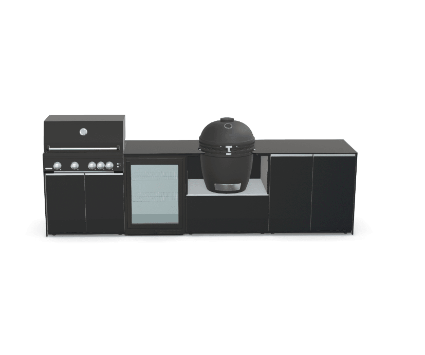 Fontana Ignes Outdoor Modular Kitchen – 4 Burner Gas BBQ, Fridge, 24″ Smart Kamado, and Double-Door Max Storage in Noir Avenue