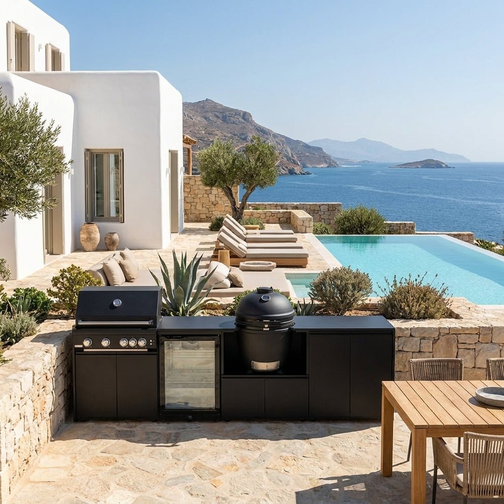 Fontana Ignes Outdoor Modular Kitchen – 4 Burner Gas BBQ, Fridge, 24″ Smart Kamado, and Double-Door Max Storage in Noir Avenue