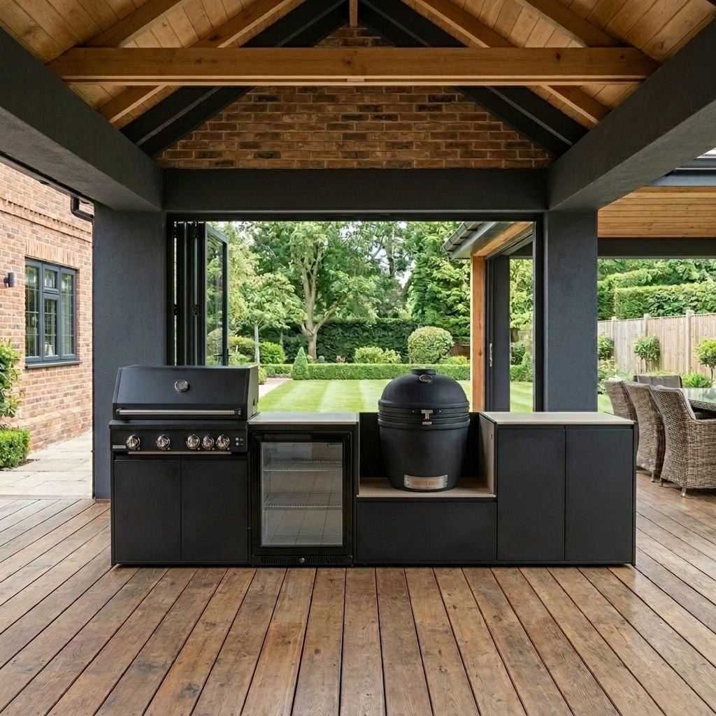 Fontana Ignes Outdoor Modular Kitchen – 4 Burner Gas BBQ, Fridge, 24″ Smart Kamado, and Double-Door Max Storage in White Boulevard
