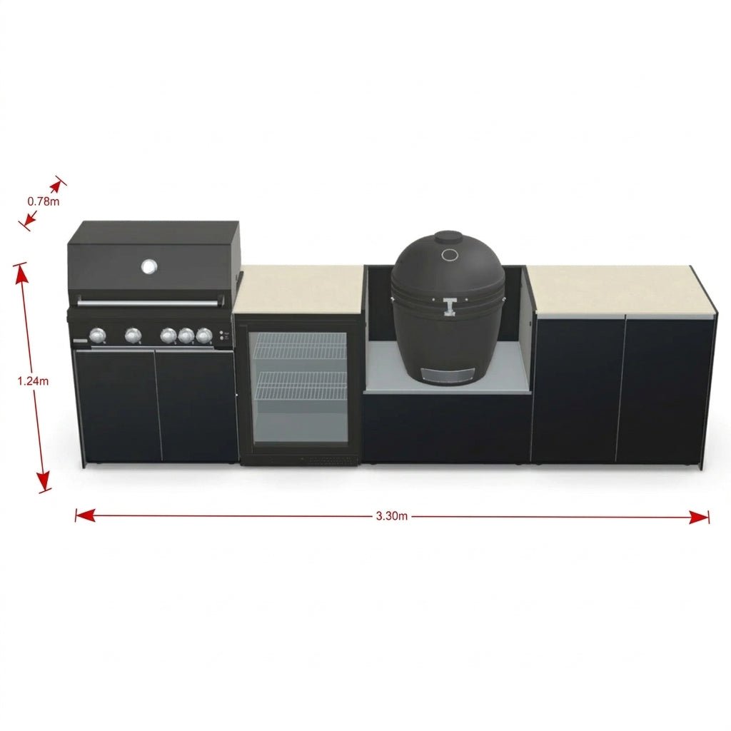 Fontana Ignes Outdoor Modular Kitchen – 4 Burner Gas BBQ, Fridge, 24″ Smart Kamado, and Double-Door Max Storage in White Boulevard