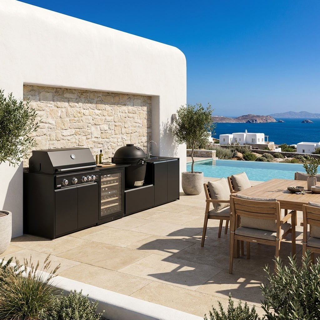 Fontana Ignes Outdoor Modular Kitchen – 4 Burner Gas BBQ, Fridge, 24″ Smart Kamado, and Double-Door Max Storage in White Boulevard