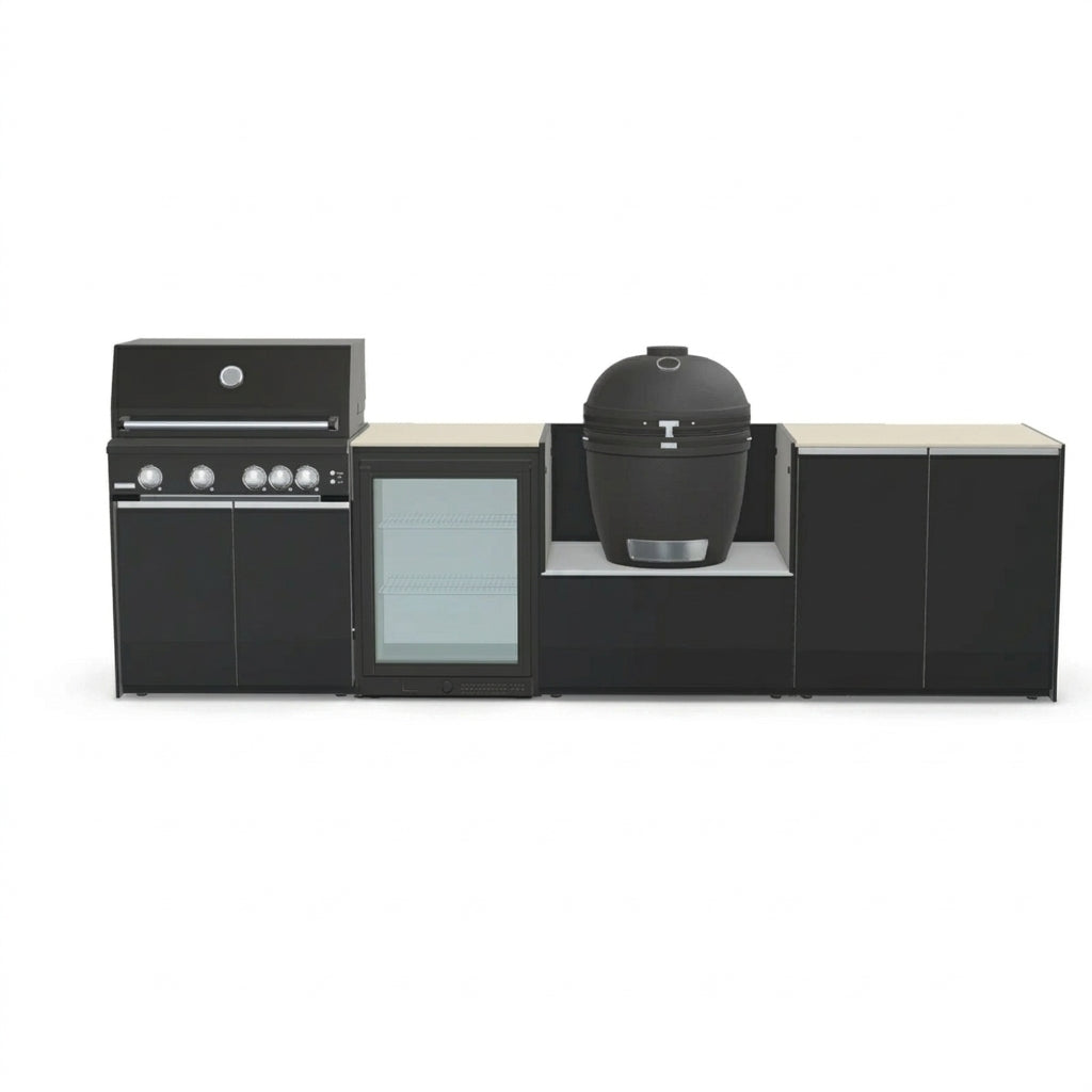 Fontana Ignes Outdoor Modular Kitchen – 4 Burner Gas BBQ, Fridge, 24″ Smart Kamado, and Double-Door Max Storage