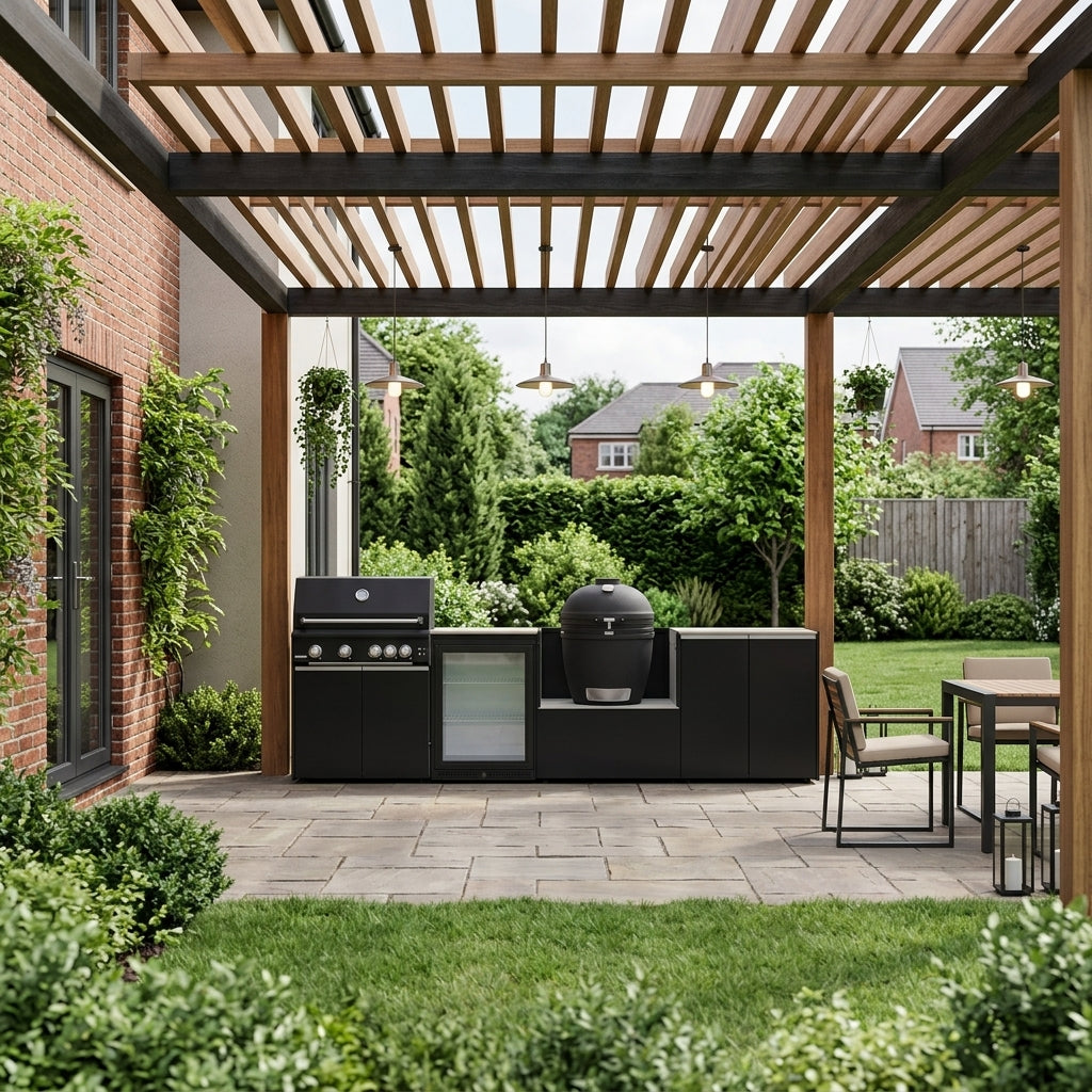 Fontana Ignes Outdoor Modular Kitchen – 4 Burner Gas BBQ, Fridge, 24″ Smart Kamado, and Double-Door Max Storage