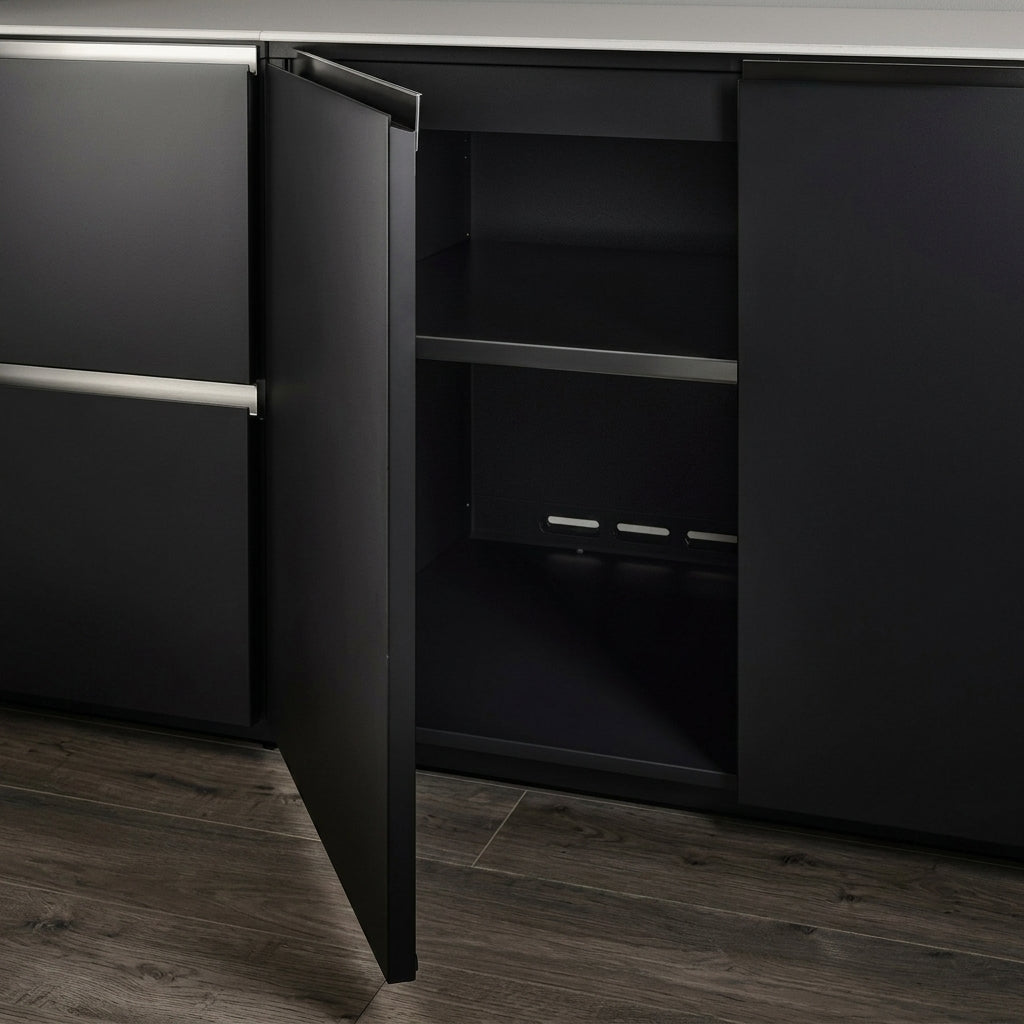 Fontana Ignes Outdoor Modular Kitchen – 5 Burner Gas BBQ, Fridge, 24″ Kamado, and Double-Door Plus Storage in Noir Avenue