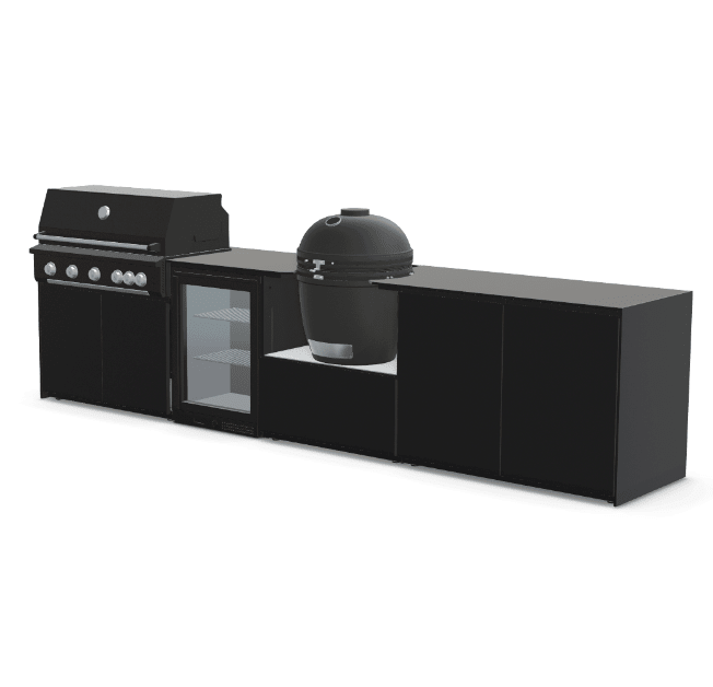 Fontana Ignes Outdoor Modular Kitchen – 5 Burner Gas BBQ, Fridge, 24″ Kamado, and Double-Door Plus Storage in Noir Avenue