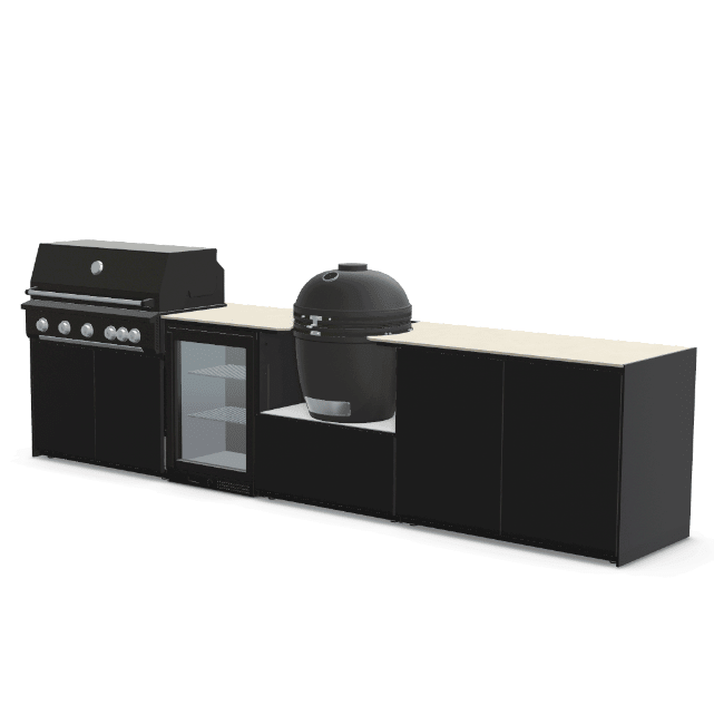 Fontana Ignes Outdoor Modular Kitchen – 5 Burner Gas BBQ, Fridge, 24″ Kamado, and Double-Door Plus Storage in Noir Avenue