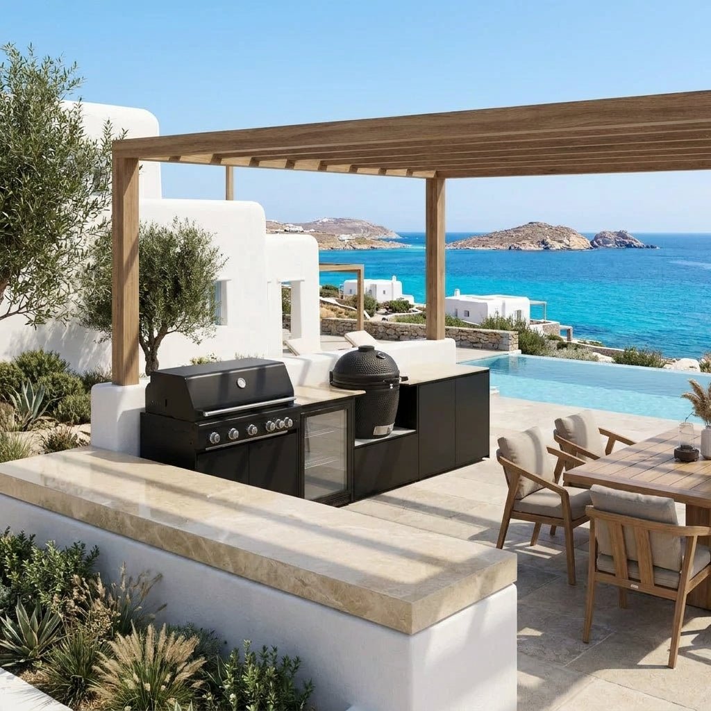 Fontana Ignes Outdoor Modular Kitchen – 5 Burner Gas BBQ, Fridge, 24″ Kamado, and Double-Door Plus Storage in Noir Avenue