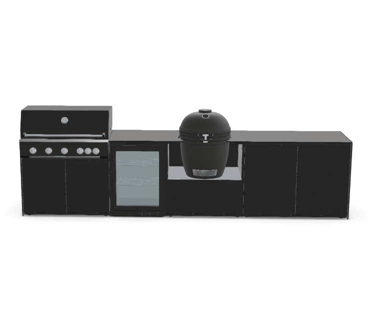 Fontana Ignes Outdoor Modular Kitchen – 5 Burner Gas BBQ, Fridge, 24″ Kamado, and Double-Door Plus Storage in Noir Avenue