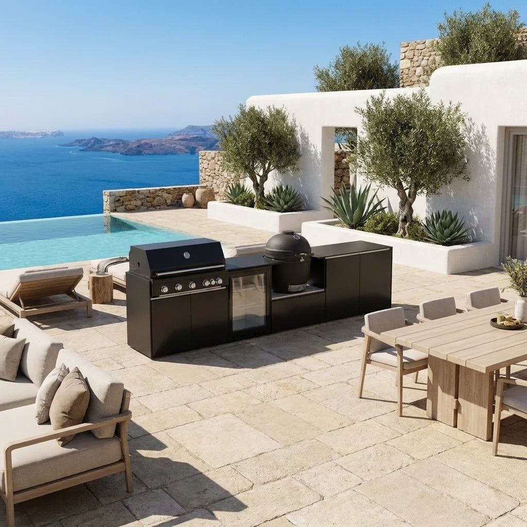 Fontana Ignes Outdoor Modular Kitchen – 5 Burner Gas BBQ, Fridge, 24″ Kamado, and Double-Door Plus Storage in Noir Avenue