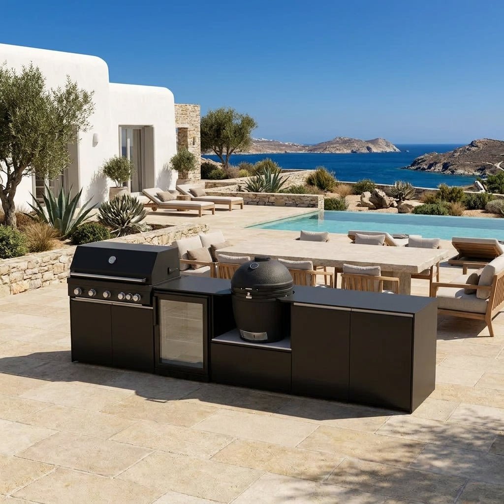 Fontana Ignes Outdoor Modular Kitchen – 5 Burner Gas BBQ, Fridge, 24″ Kamado, and Double-Door Plus Storage in Noir Avenue