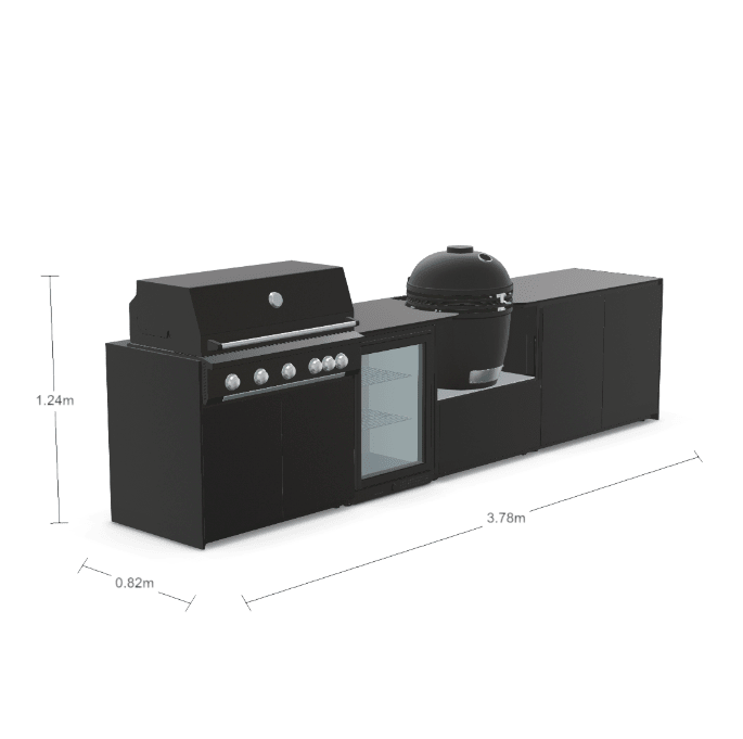 Fontana Ignes Outdoor Modular Kitchen – 5 Burner Gas BBQ, Fridge, 24″ Kamado, and Double-Door Plus Storage in Noir Avenue