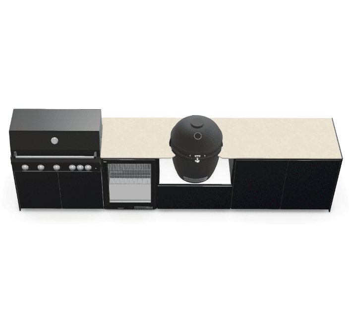 Fontana Ignes Outdoor Modular Kitchen – 5 Burner Gas BBQ, Fridge, 24″ Kamado, and Double-Door Plus Storage in Noir Avenue